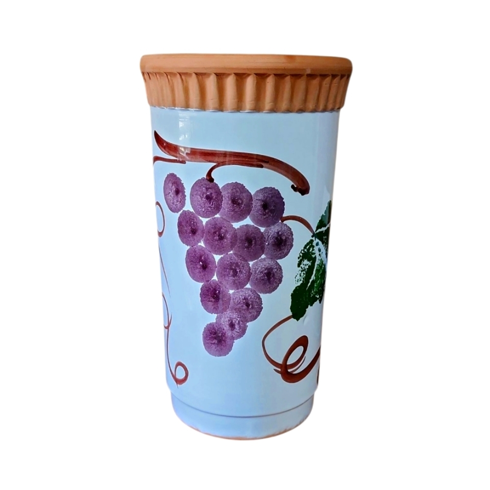 Handpainted Terracotta Wine‎ Chiller & Utensil Holder from Italy-Grape Motif